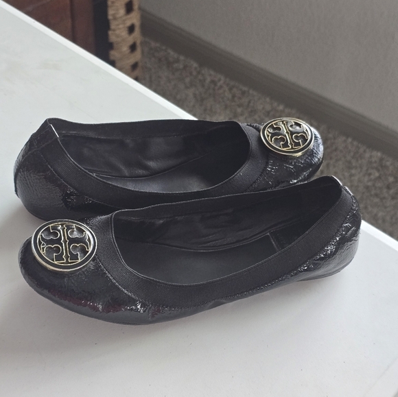 Tory Burch Caroline Ballet Flats 6M Black Women Naplak Elastic Patent Leather - Picture 12 of 14